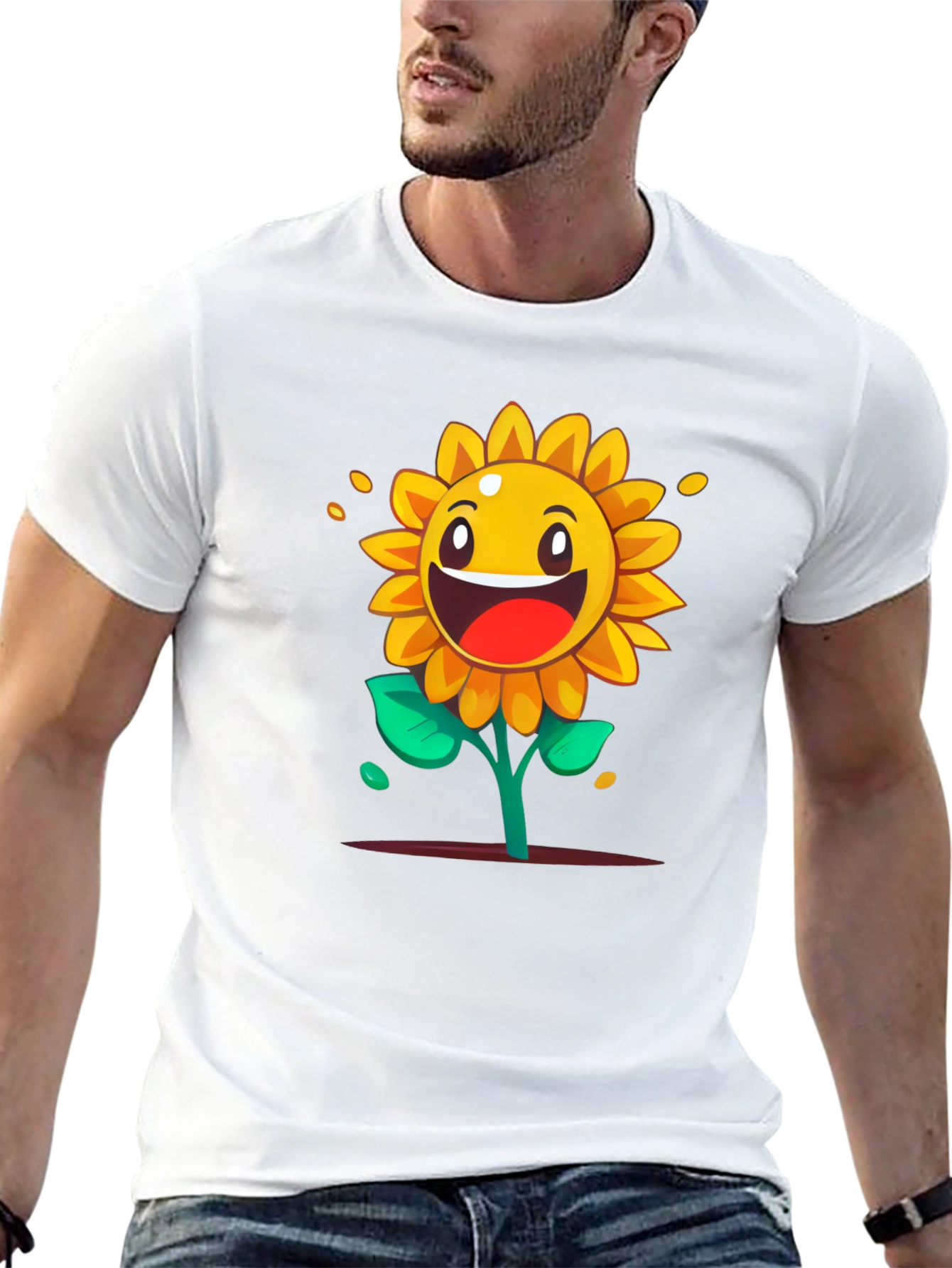 Cartoon Sunflower Graphic Tee - Black Cotton Shirt