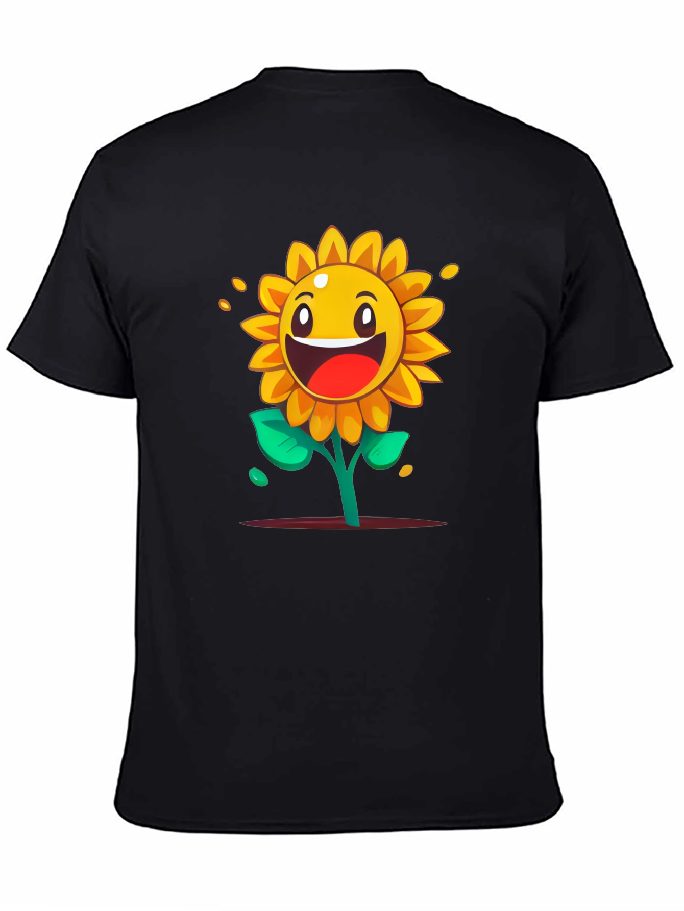 Cartoon Sunflower Graphic Tee - Black Cotton Shirt