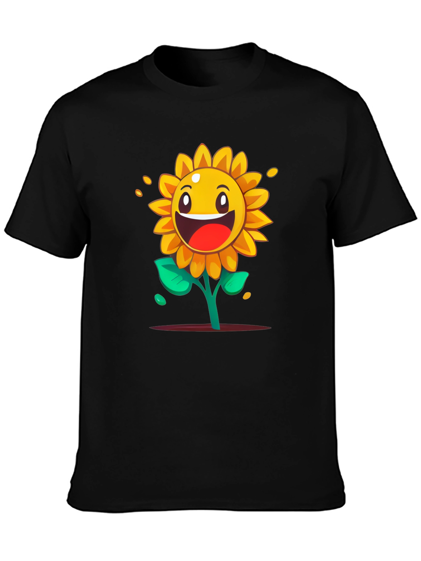 Cartoon Sunflower Graphic Tee - Black Cotton Shirt