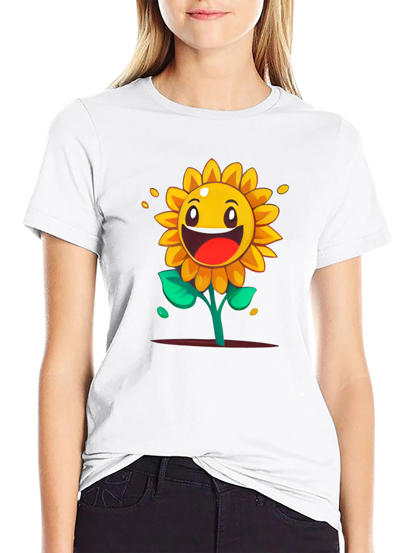 Cartoon Sunflower Graphic Tee - Black Cotton Shirt
