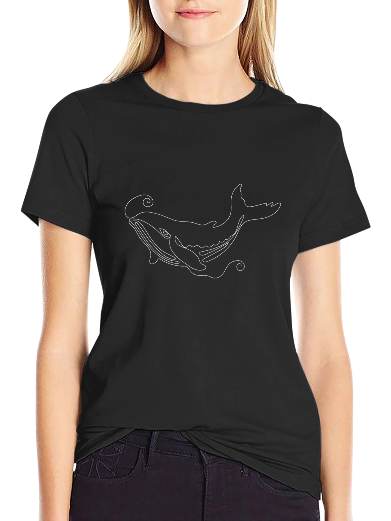 Whale Line Art Black T-Shirt
