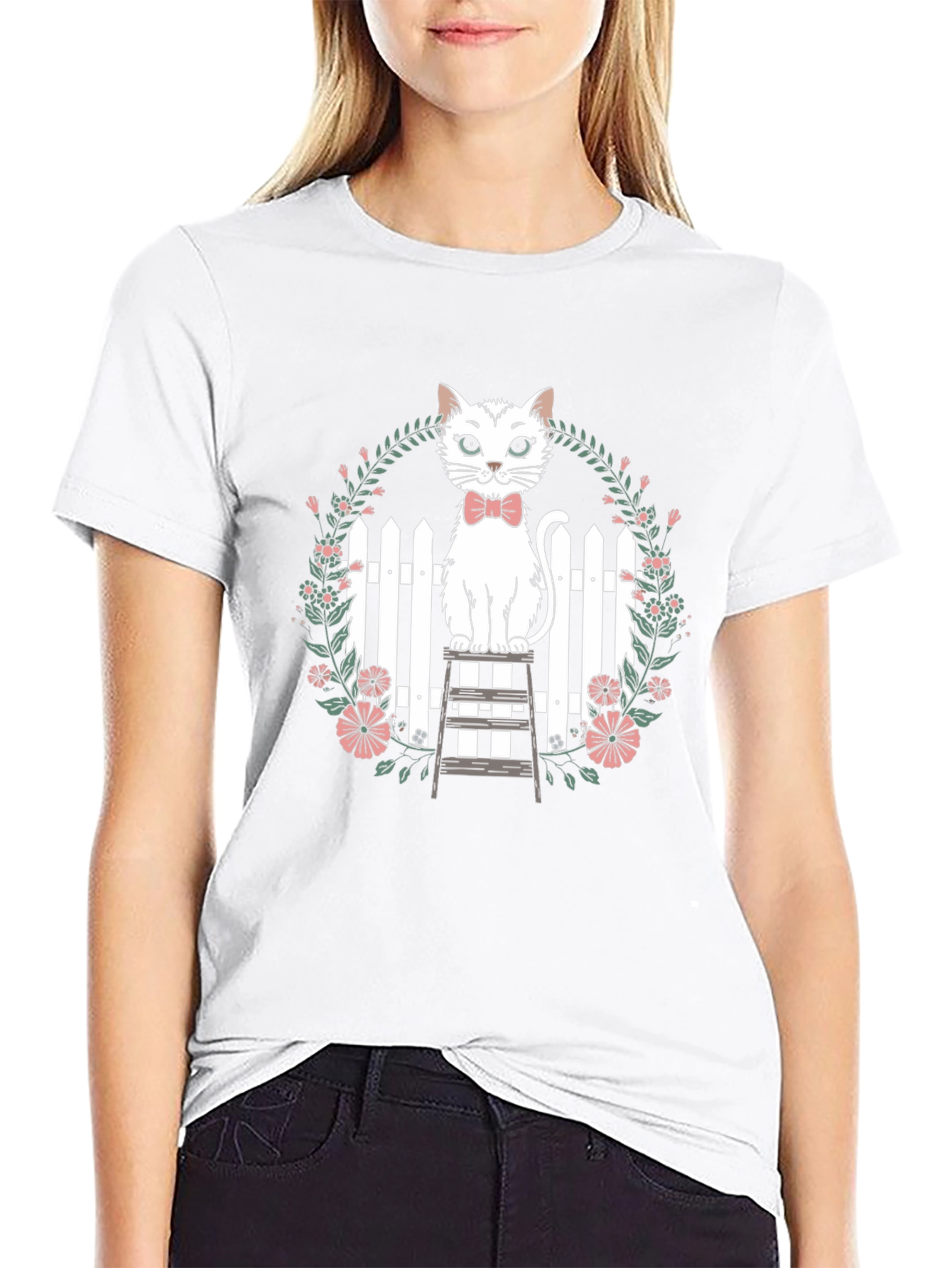 Cat Bowtie Floral Tee - Whimsical Comfort