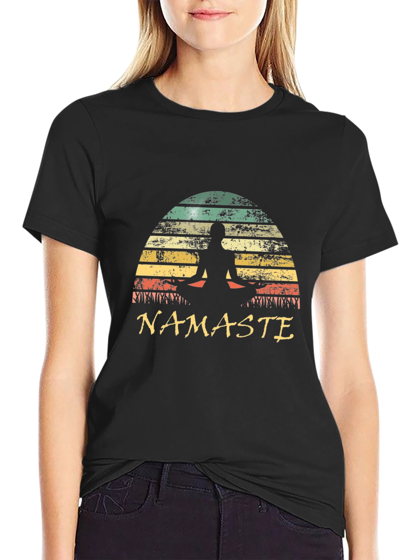 Namaste Yoga Black T-Shirt Retro Meditation