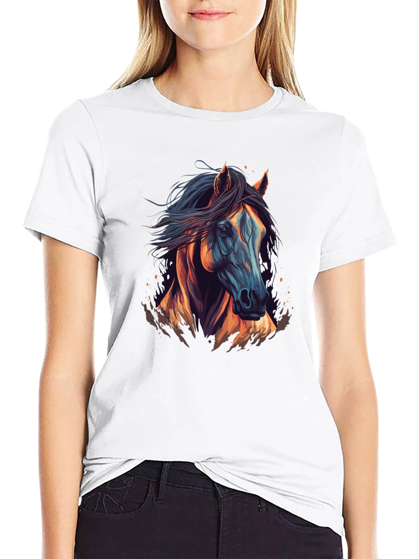 Horse Graphic Tee - Black Cotton Casual T-Shirt