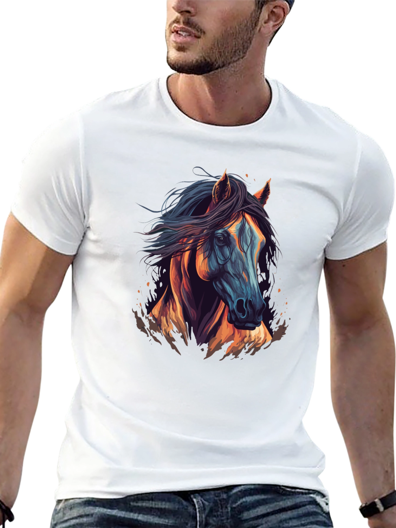 Horse Graphic Tee - Black Cotton Casual T-Shirt