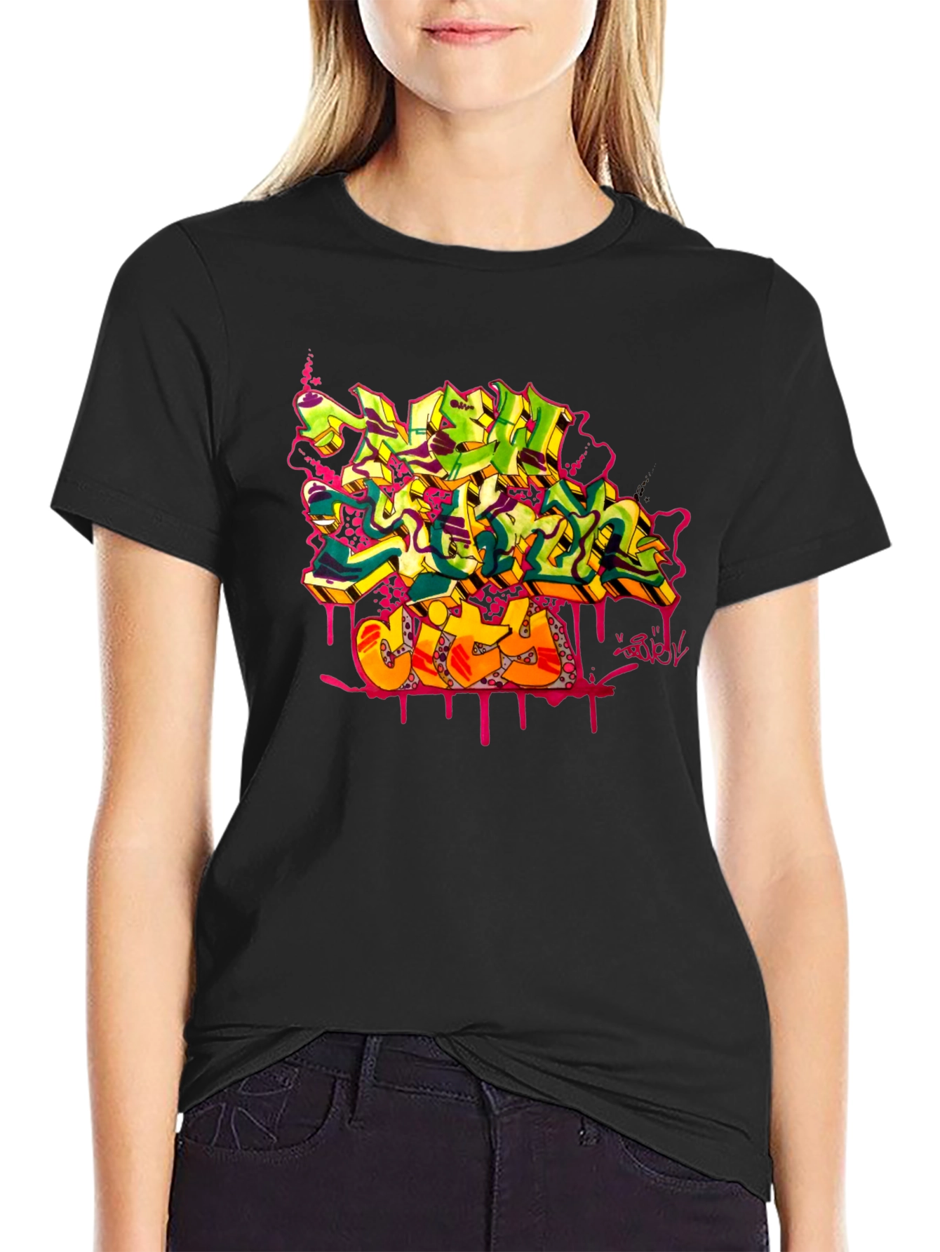 Graffiti City Graphic Print Black T-Shirt