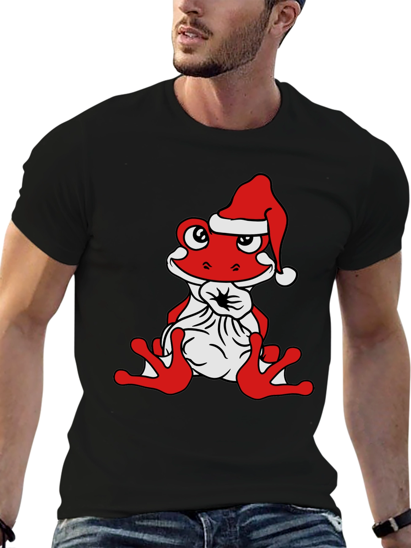 Frog with Santa Hat Black T-Shirt