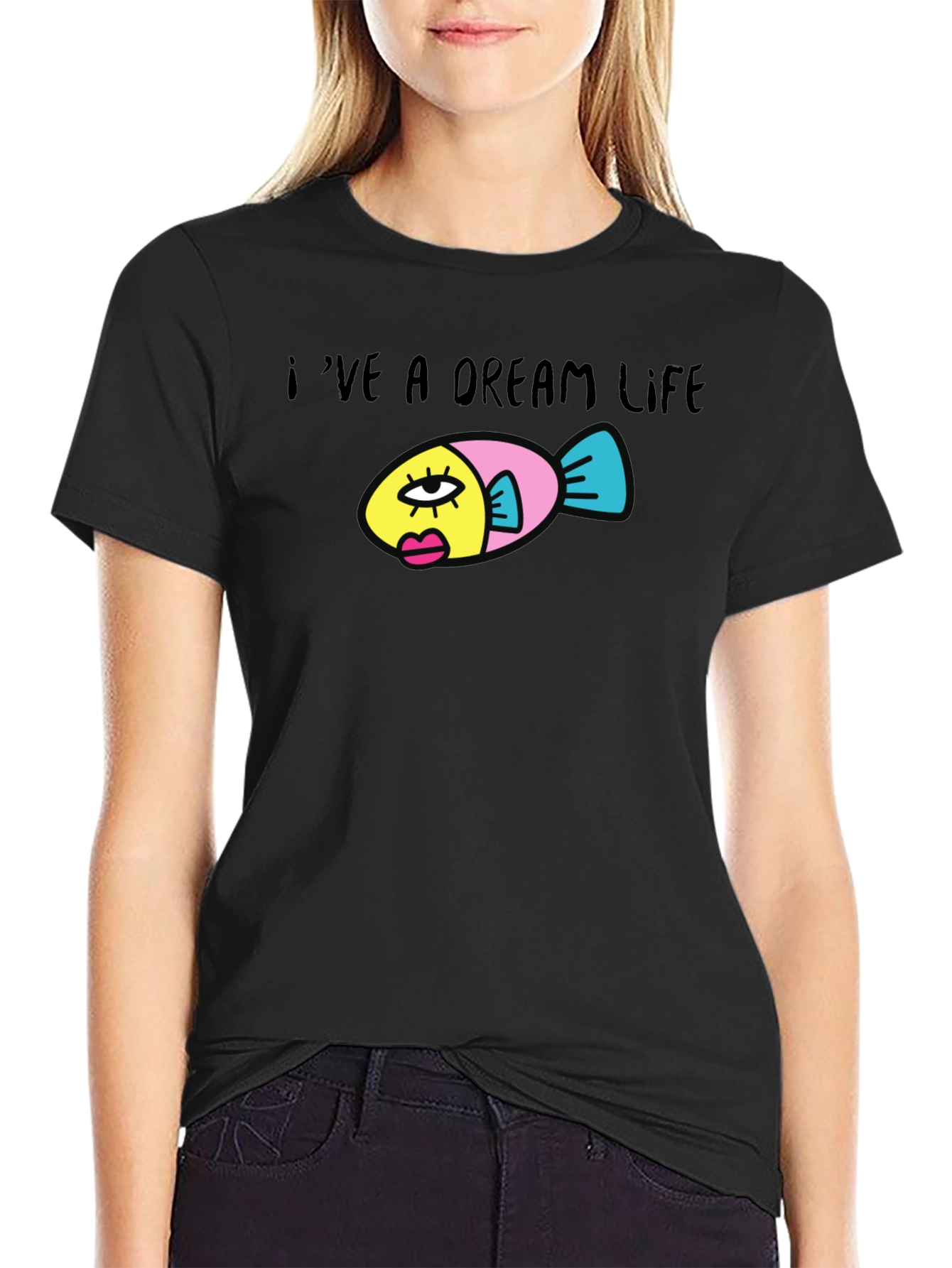 Dream Life Fish Graphic Black T-Shirt