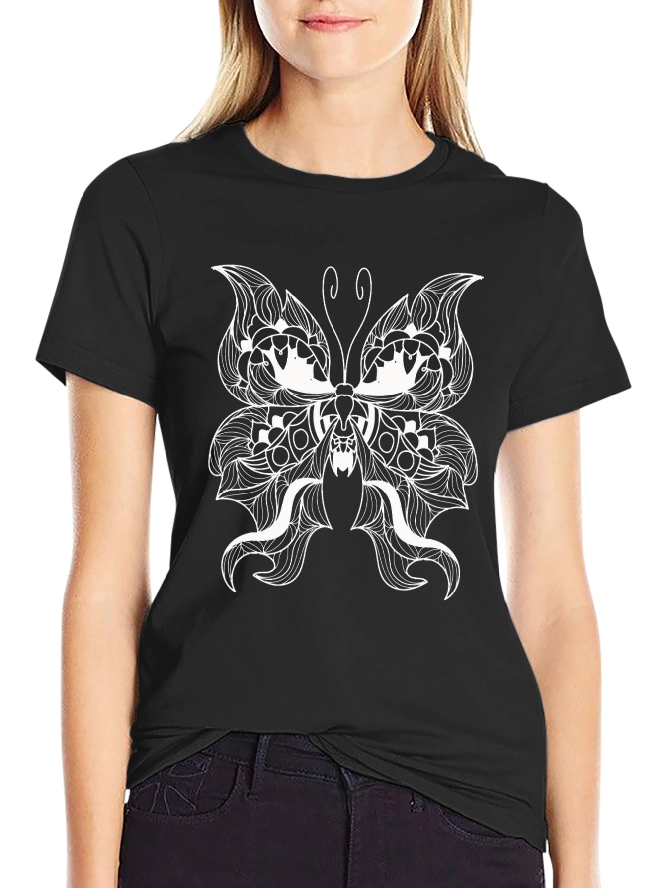 Butterfly Bat Graphic Tee - Black Cotton Blend T-Shirt