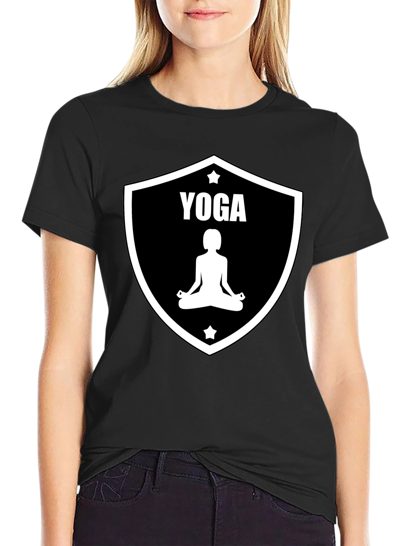 Yoga Pose Graphic Tee - Black Cotton Blend T-Shirt