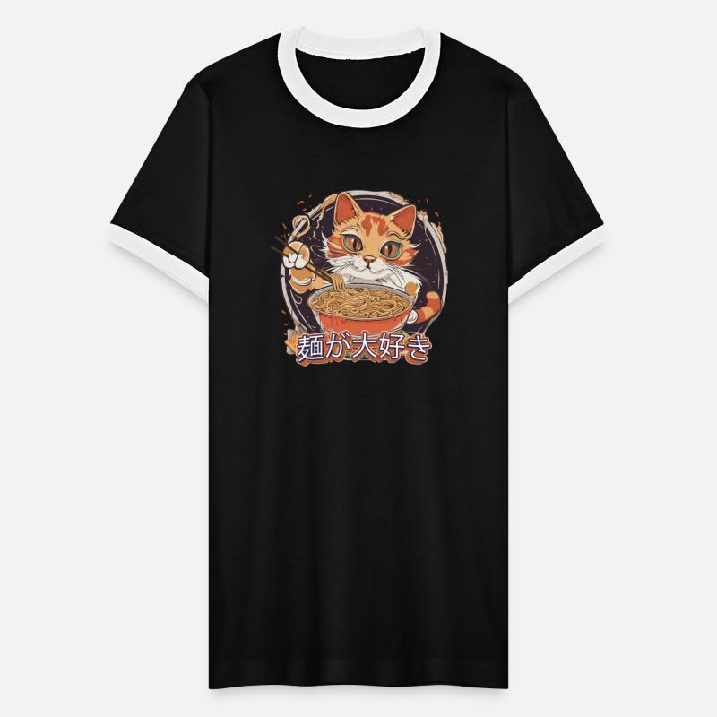 Cat eating noodles with Japanese text