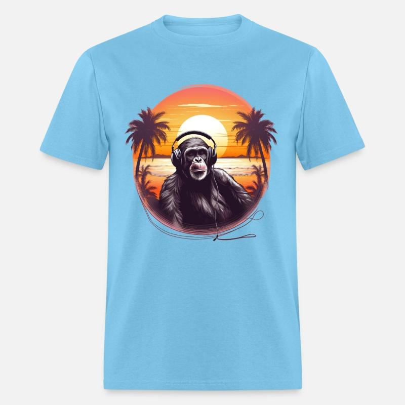 Chimpanzee with headpones at the beach