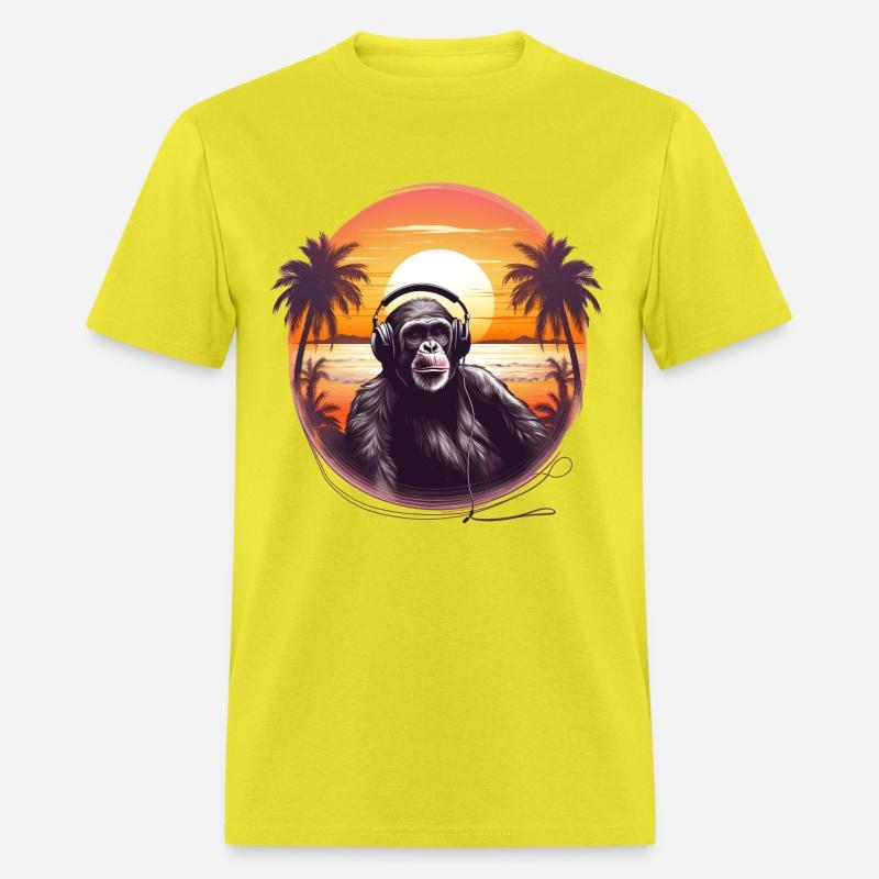 Chimpanzee with headpones at the beach