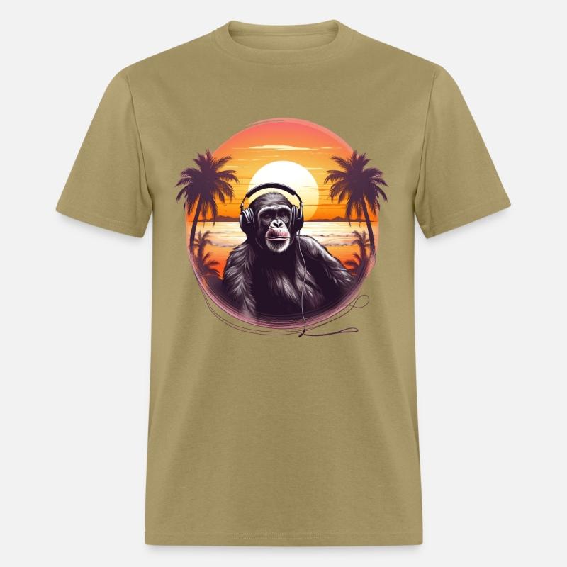Chimpanzee with headpones at the beach