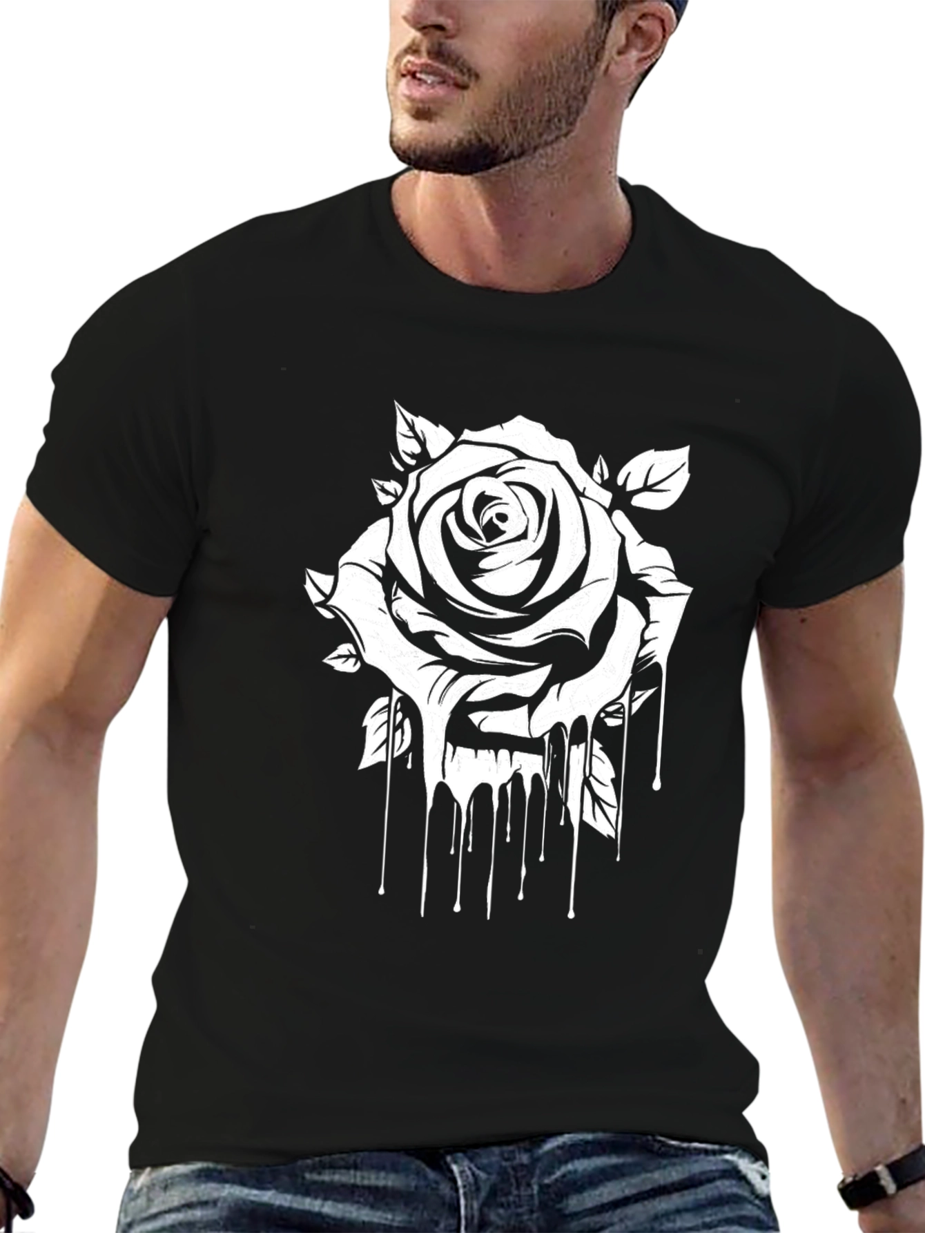 Black Tee with Dripping Rose Graphic