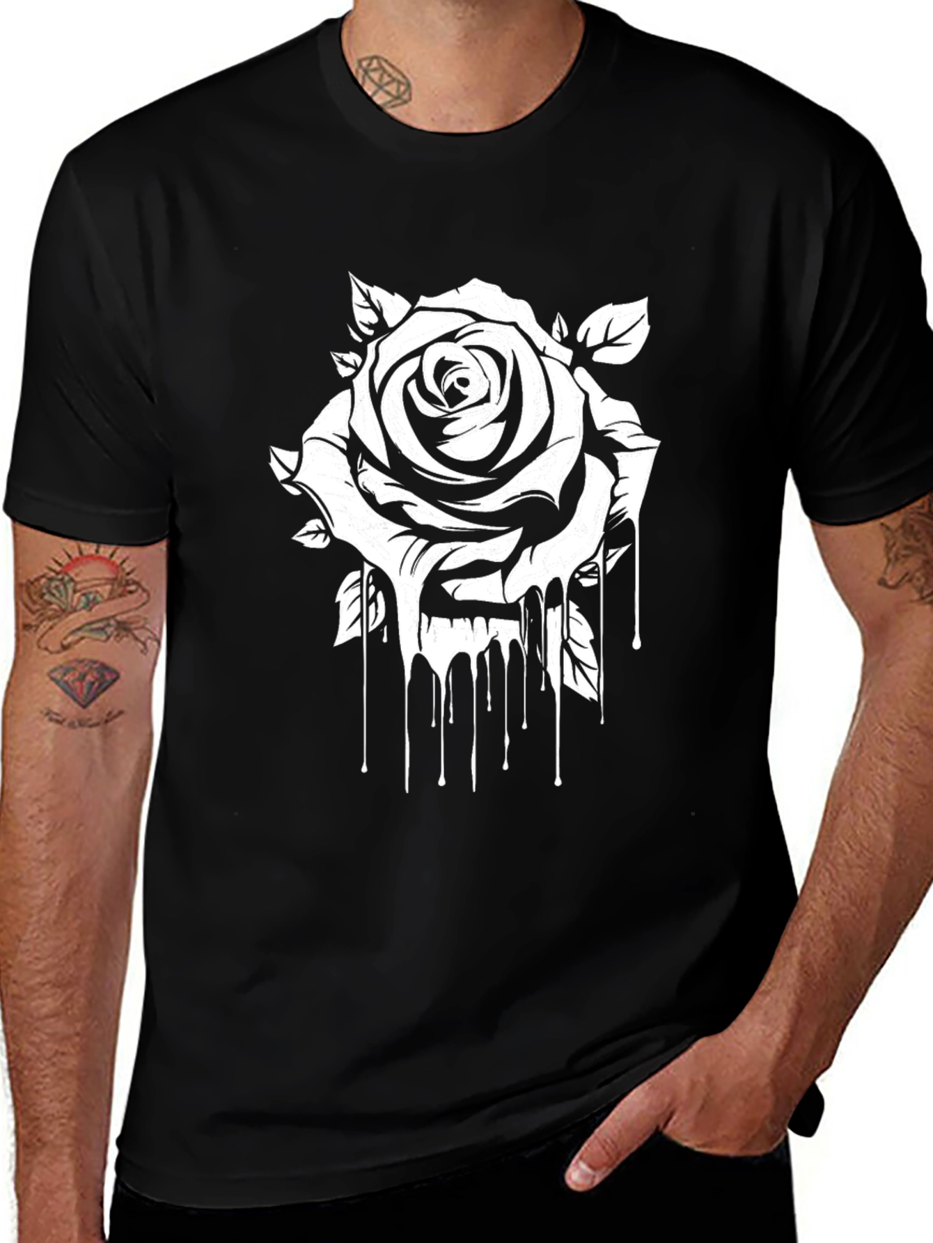 Black Tee with Dripping Rose Graphic