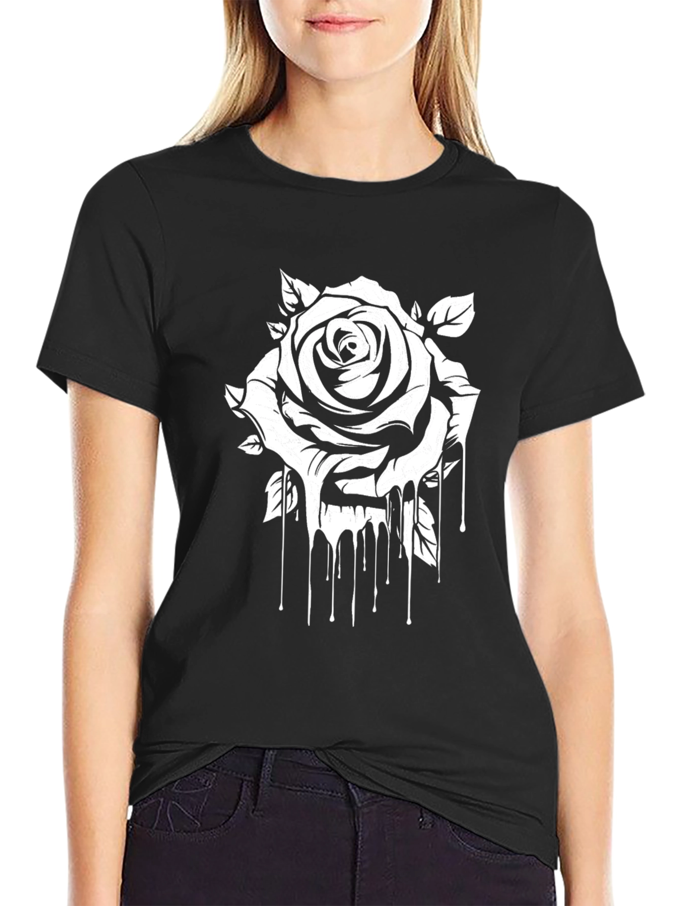 Black Tee with Dripping Rose Graphic