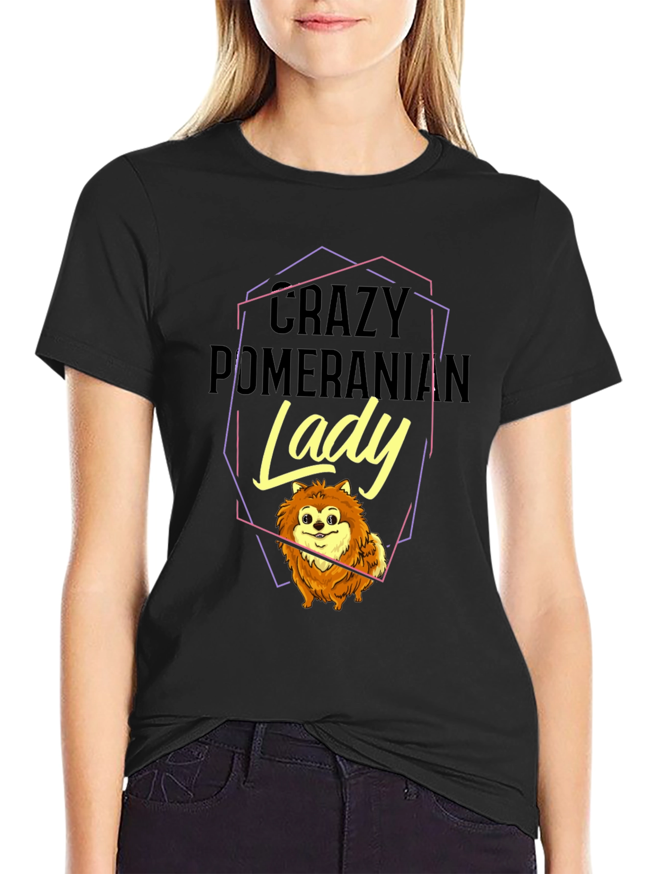 Crazy Pomeranian Lady Black Graphic Tee