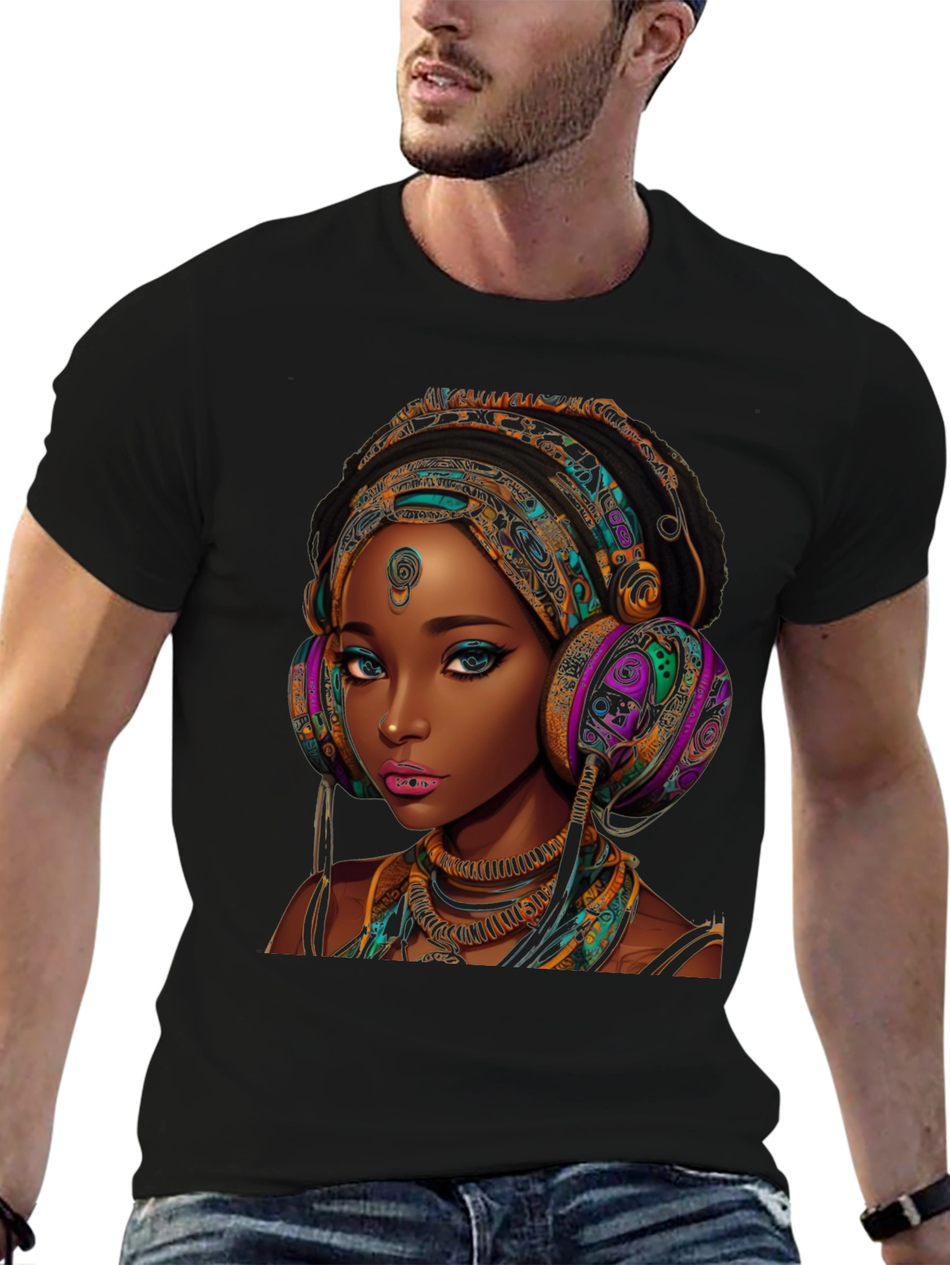 Stylish Black T-Shirt with African Queen Graphic
