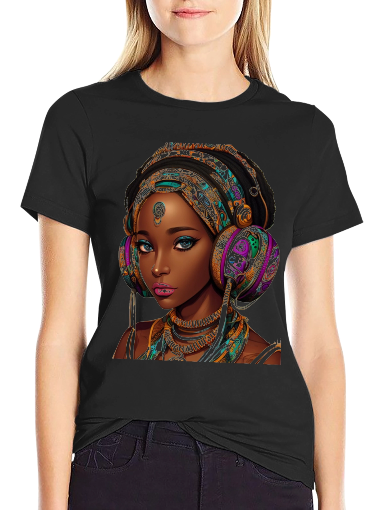 Stylish Black T-Shirt with African Queen Graphic