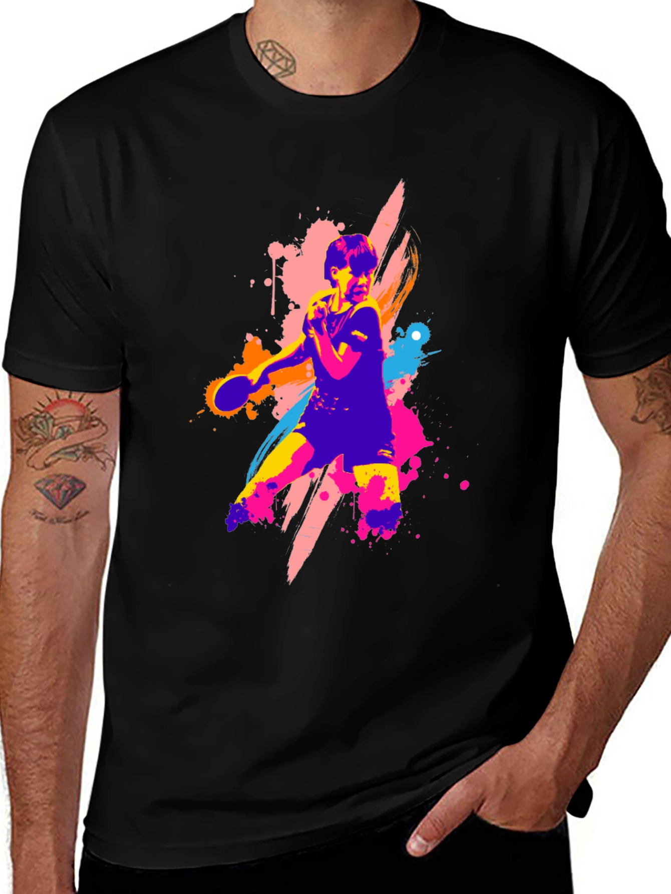 Vibrant Table Tennis Graphic Tee - Black