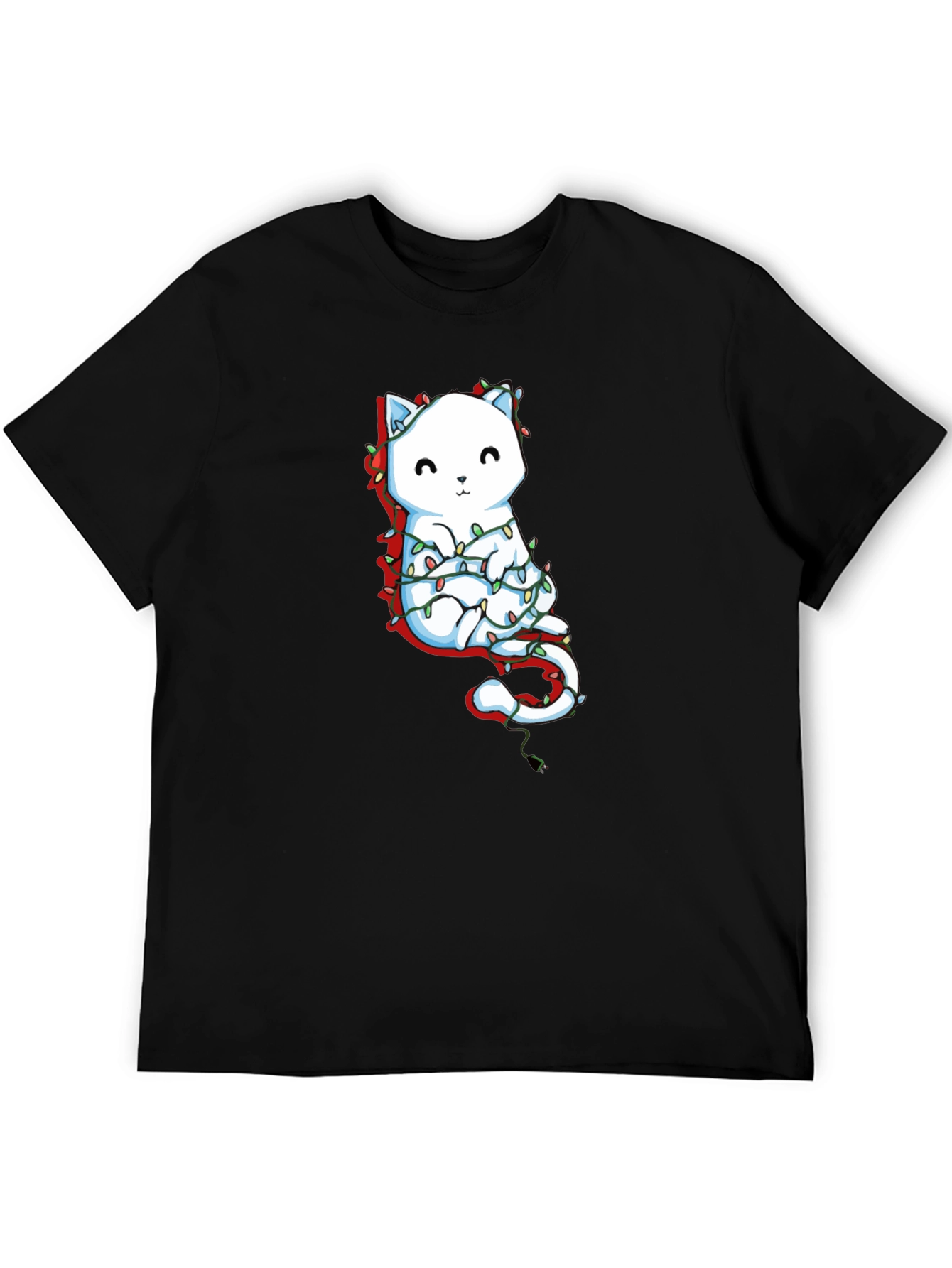 Cute Cat Christmas Lights Graphic Tee - Black