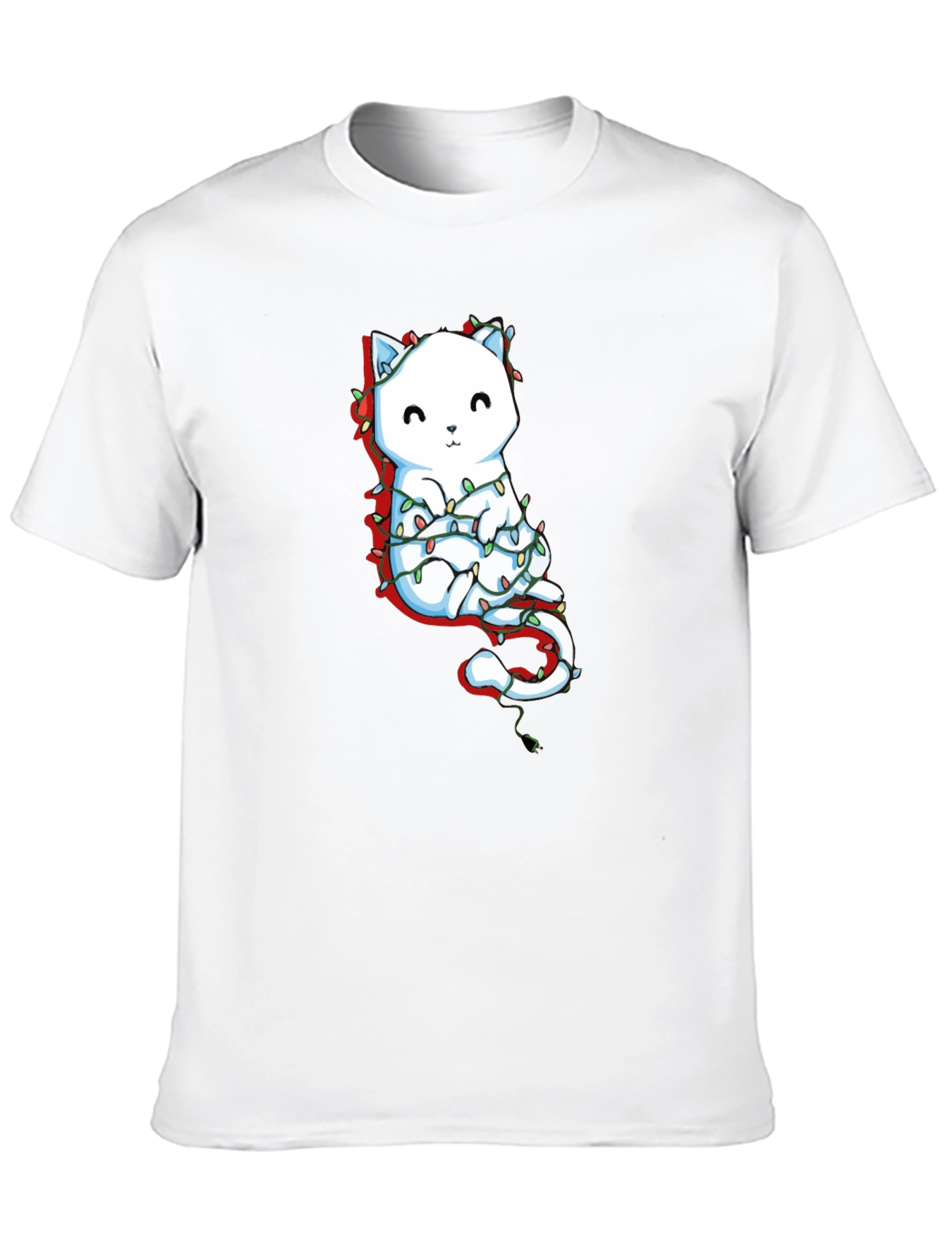 Cute Cat Christmas Lights Graphic Tee - Black