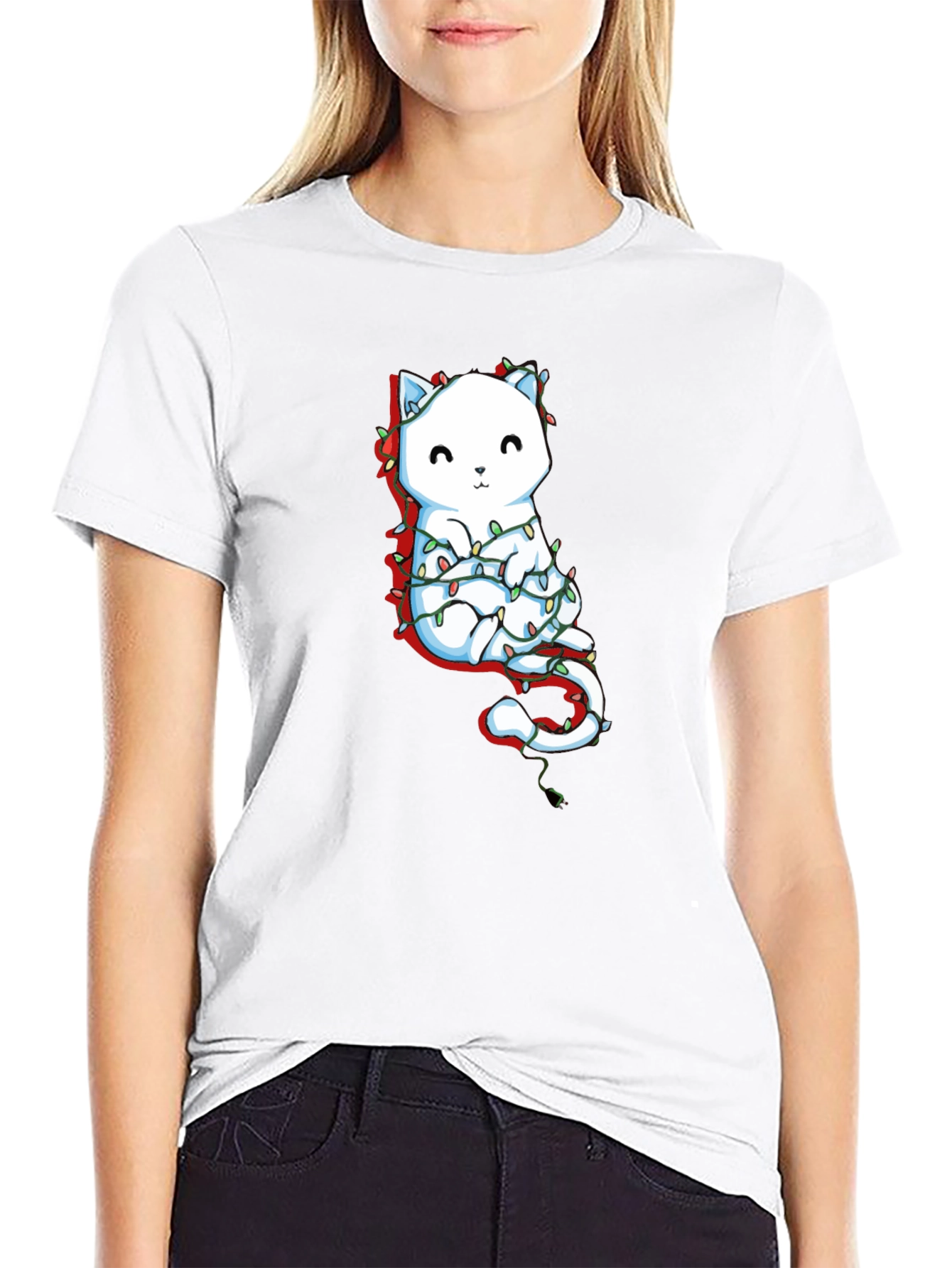 Cute Cat Christmas Lights Graphic Tee - Black