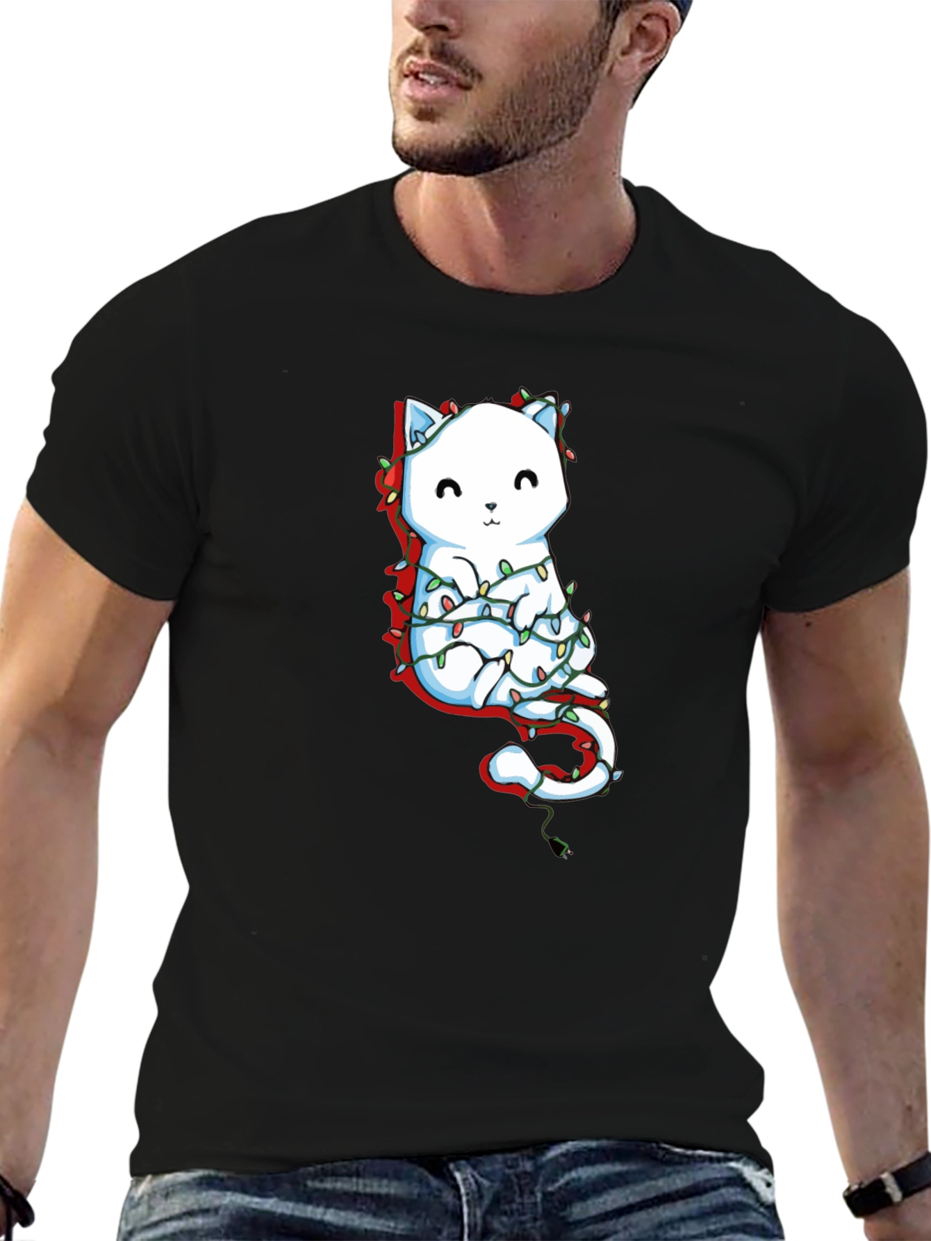 Cute Cat Christmas Lights Graphic Tee - Black