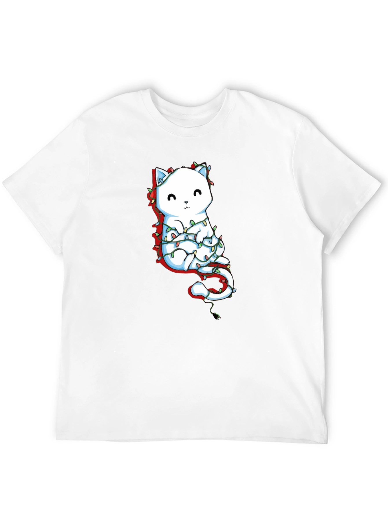 Cute Cat Christmas Lights Graphic Tee - Black