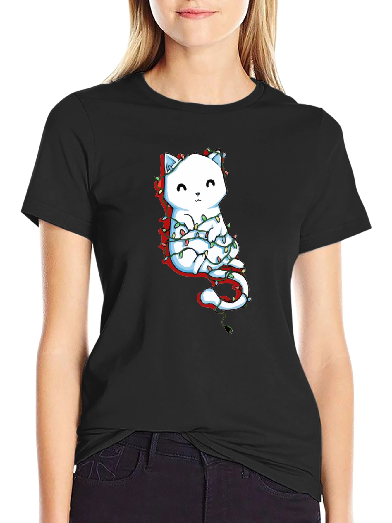Cute Cat Christmas Lights Graphic Tee - Black