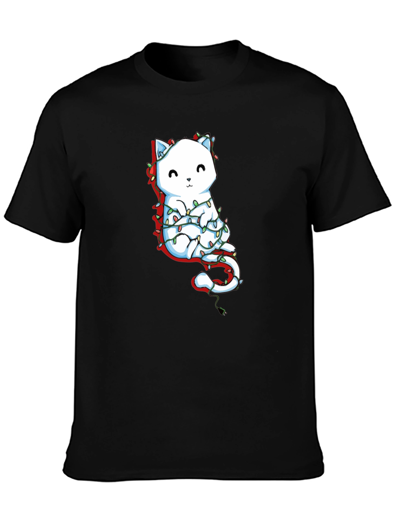 Cute Cat Christmas Lights Graphic Tee - Black