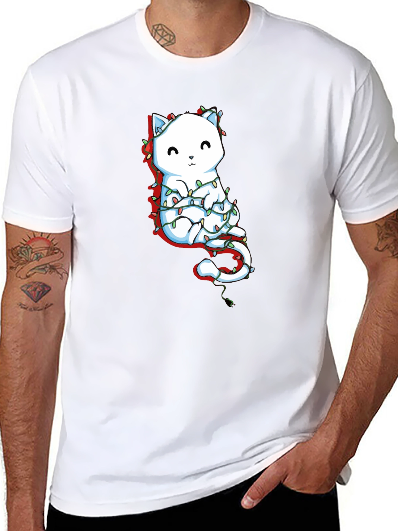 Cute Cat Christmas Lights Graphic Tee - Black