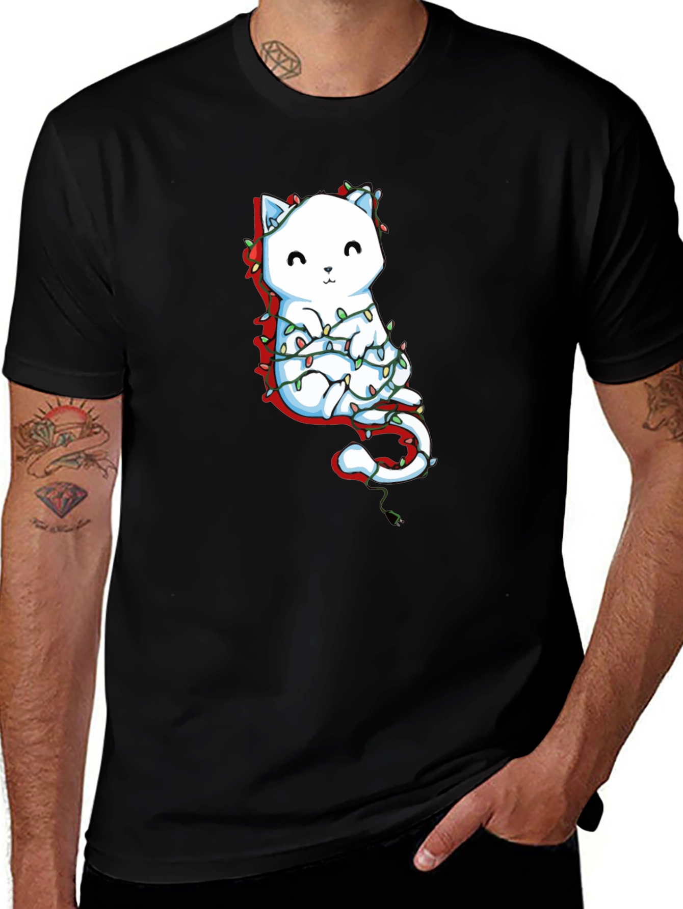 Cute Cat Christmas Lights Graphic Tee - Black