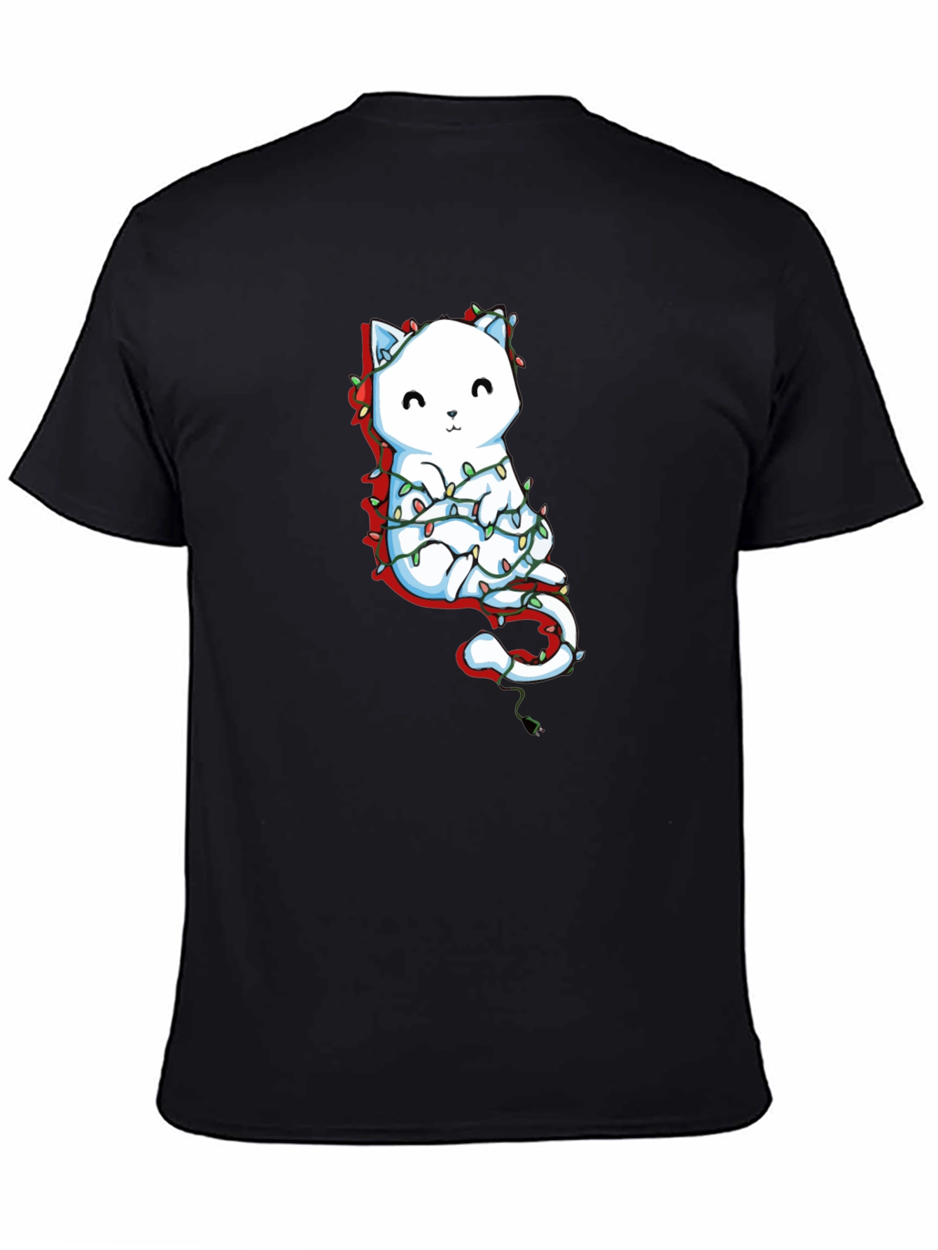 Cute Cat Christmas Lights Graphic Tee - Black