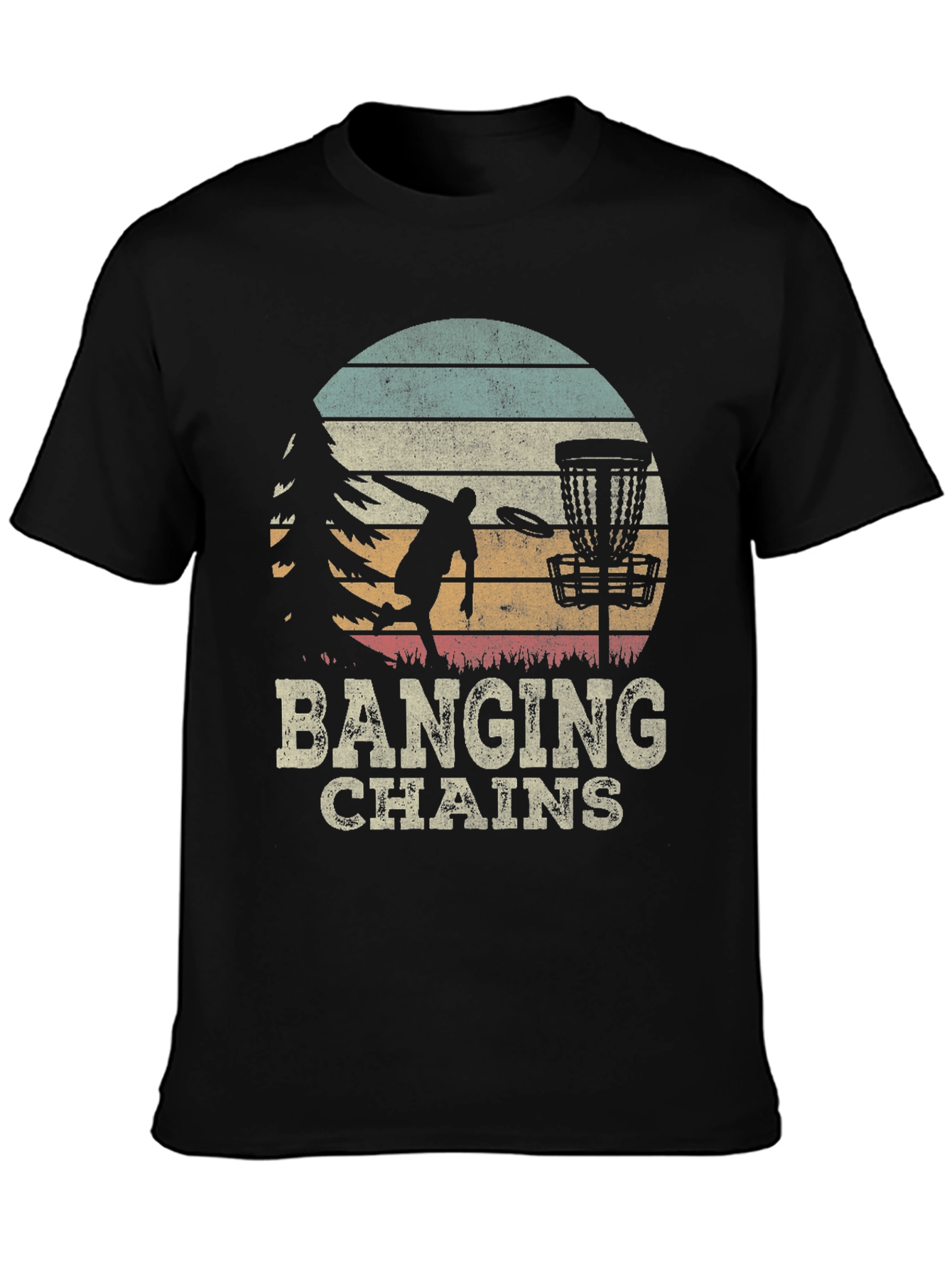 Banging Chains Disc Golf T-Shirt Retro Sunset Design