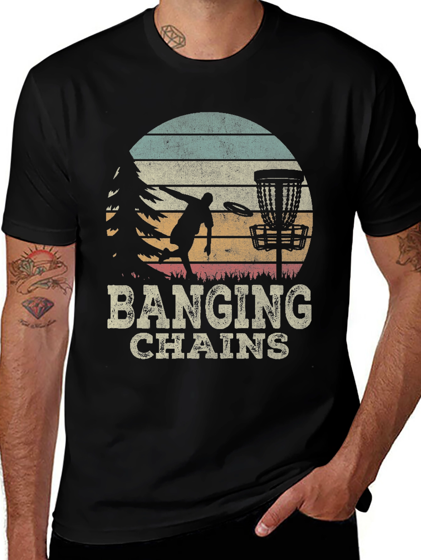 Banging Chains Disc Golf T-Shirt Retro Sunset Design