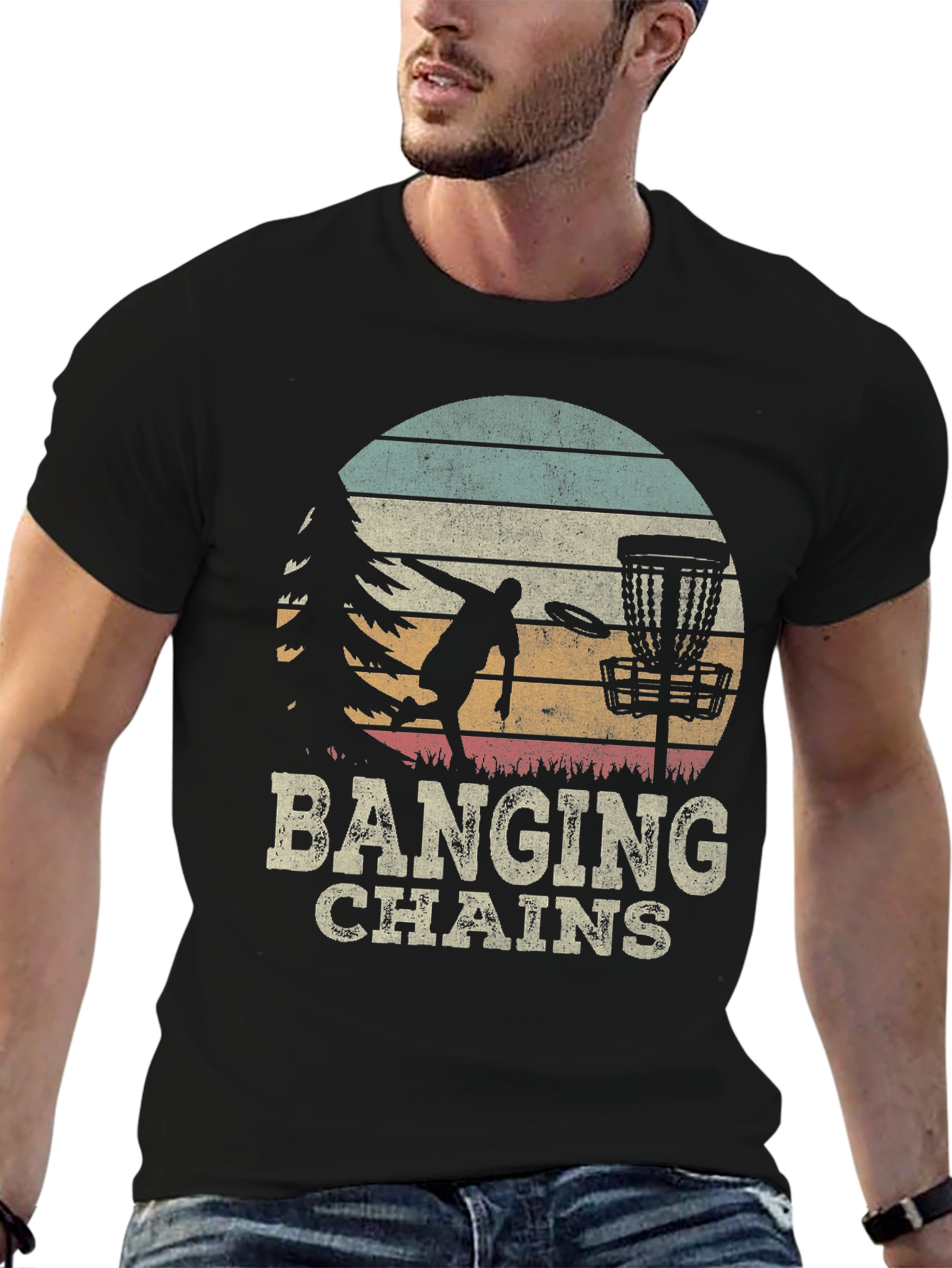 Banging Chains Disc Golf T-Shirt Retro Sunset Design