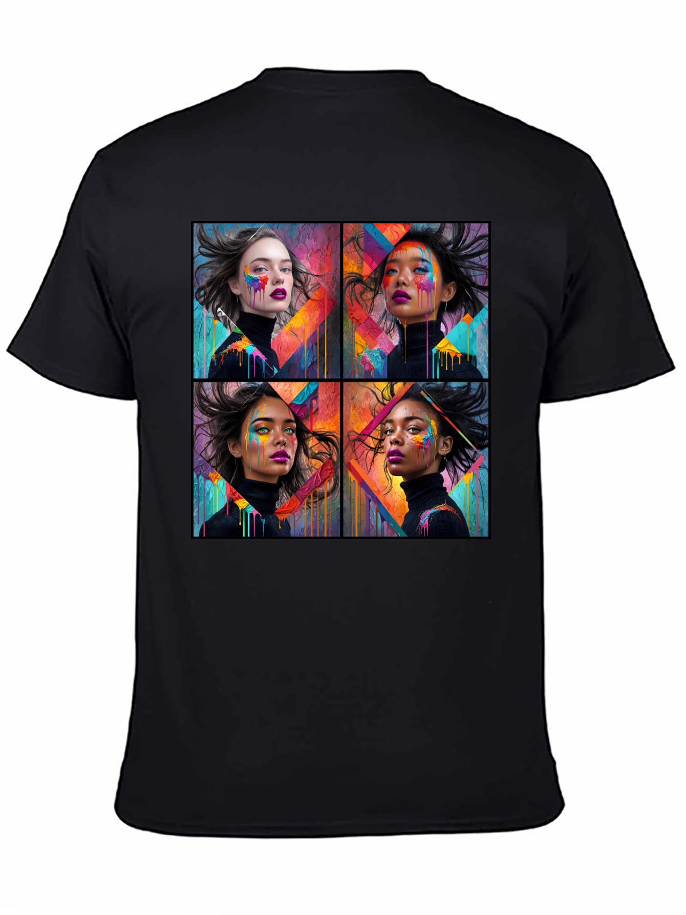 Artistic Woman Faces Graphic Black T-Shirt