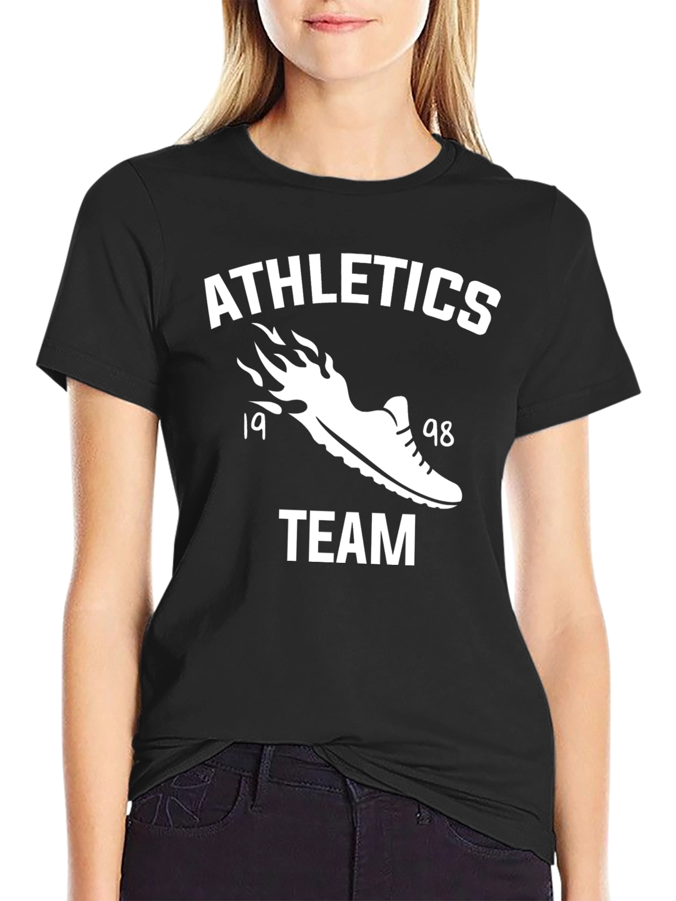 Athletics Team T-Shirt Black Cotton Shoe Fire Design