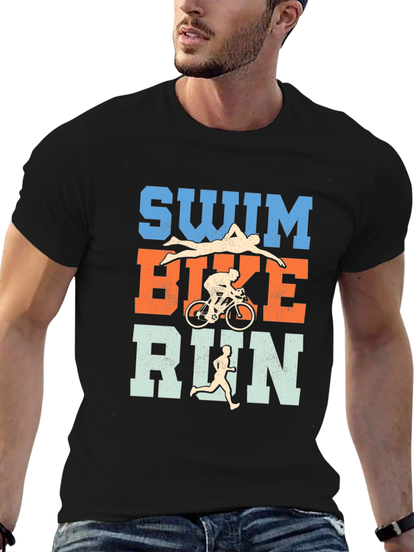 Triathlon Swim Bike Run T-Shirt - Black Cotton Tee