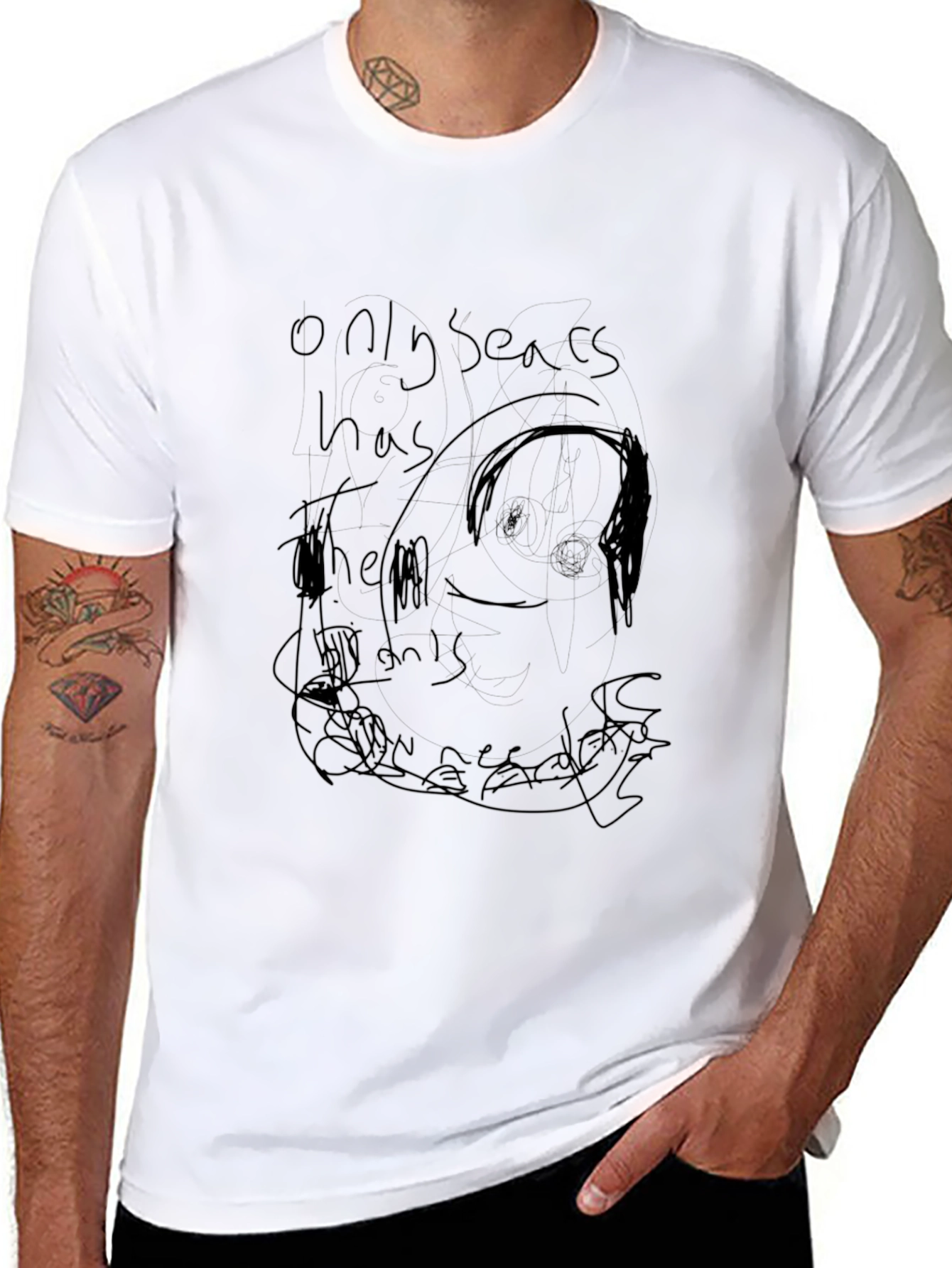 Mens Black Graphic Tee - Expressive Doodle Design