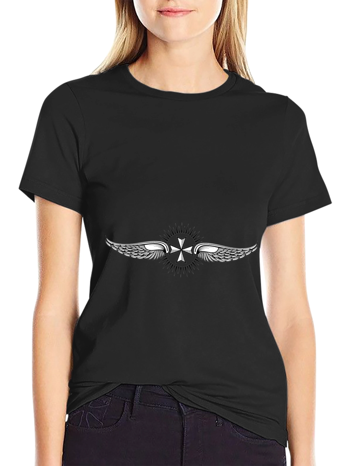 Black T-Shirt with Winged Cross Design
