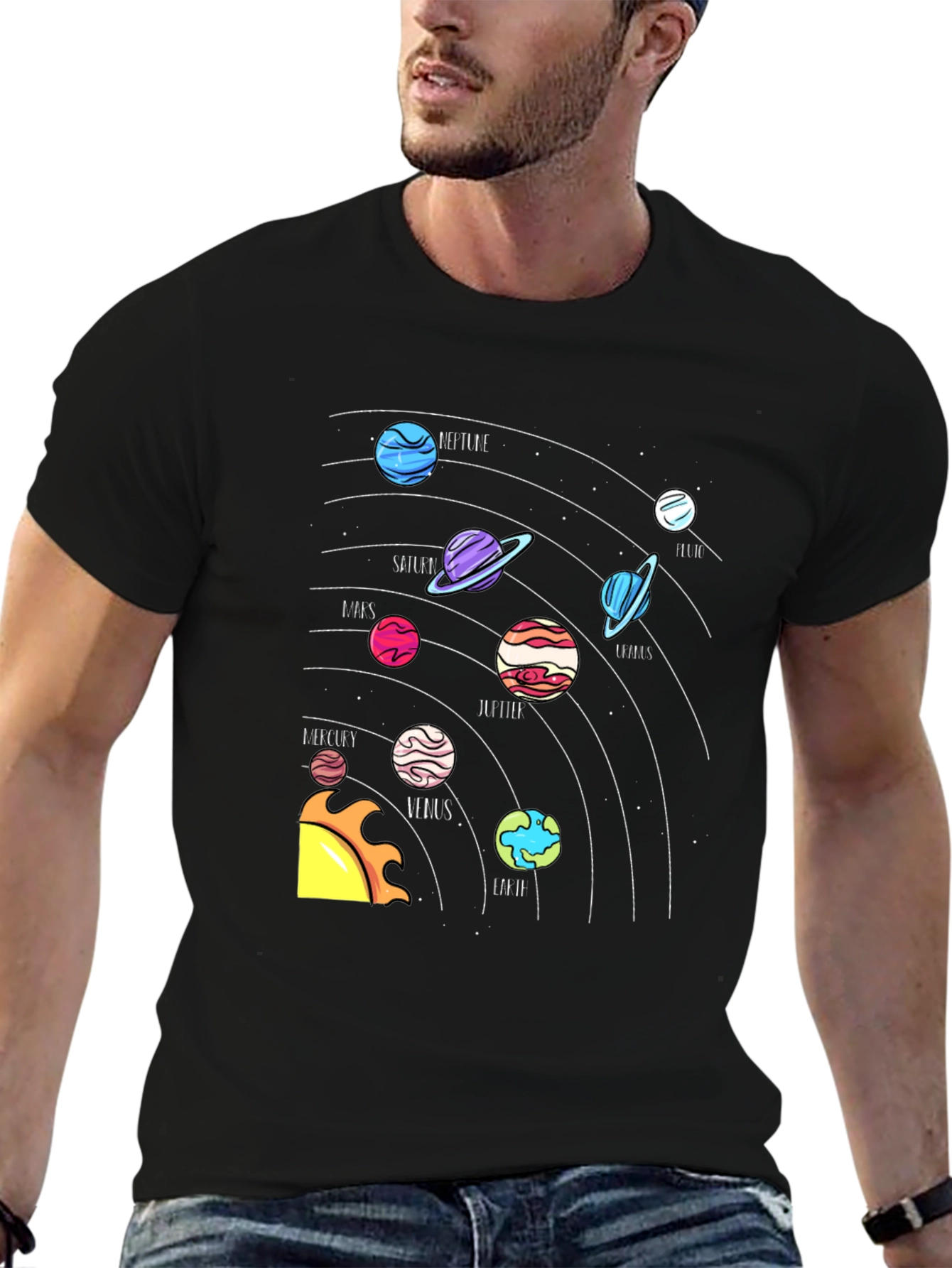 Planets Graphic Tee - Black Crew Neck T-Shirt