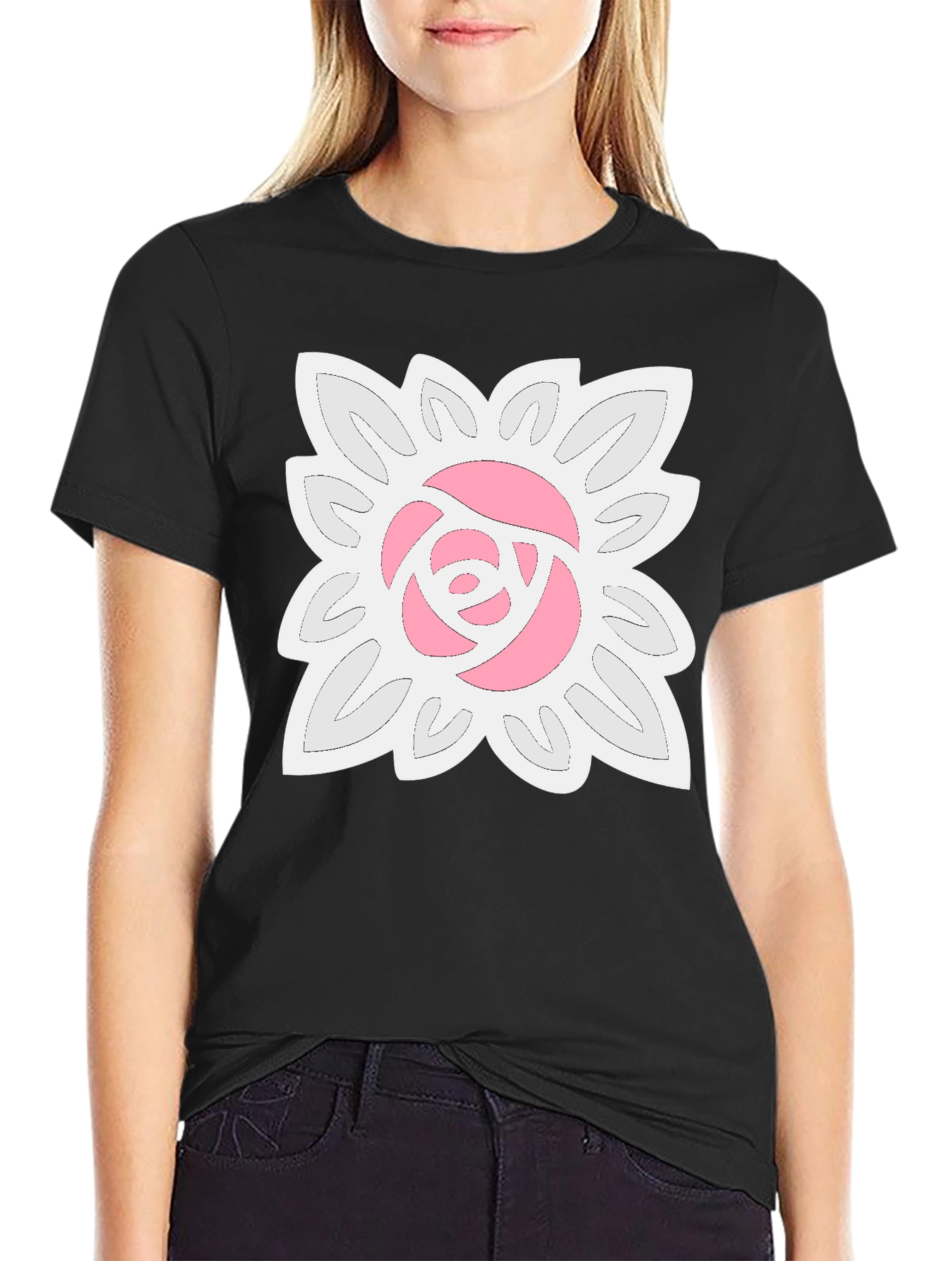 Black T-Shirt with Floral Rose Design