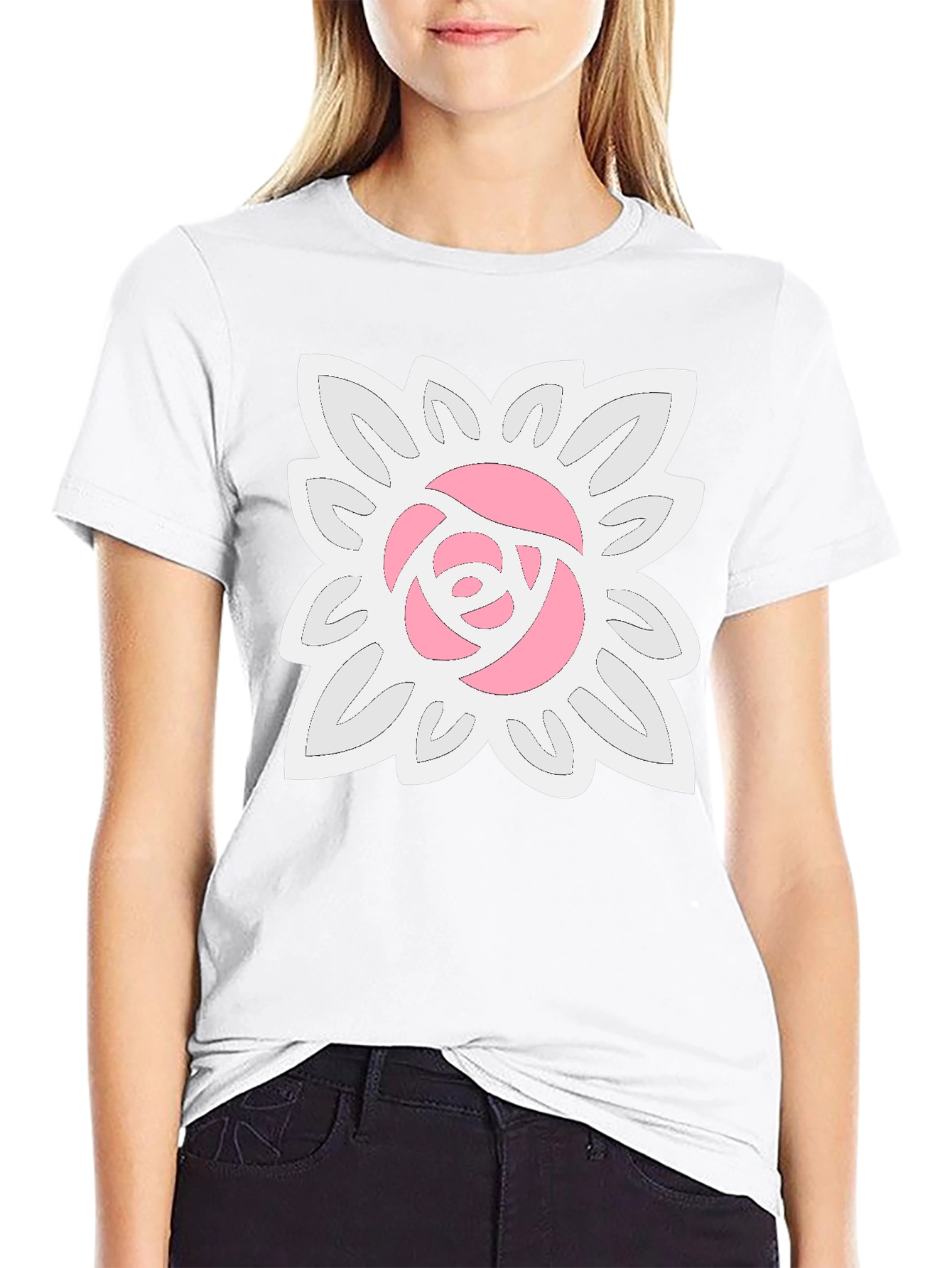Black T-Shirt with Floral Rose Design