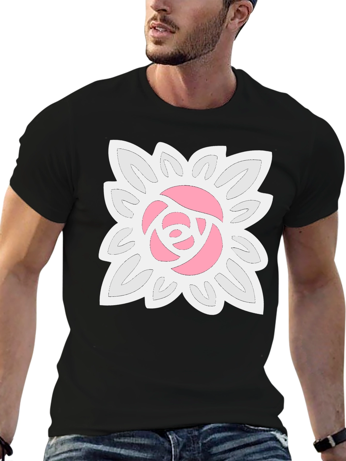 Black T-Shirt with Floral Rose Design