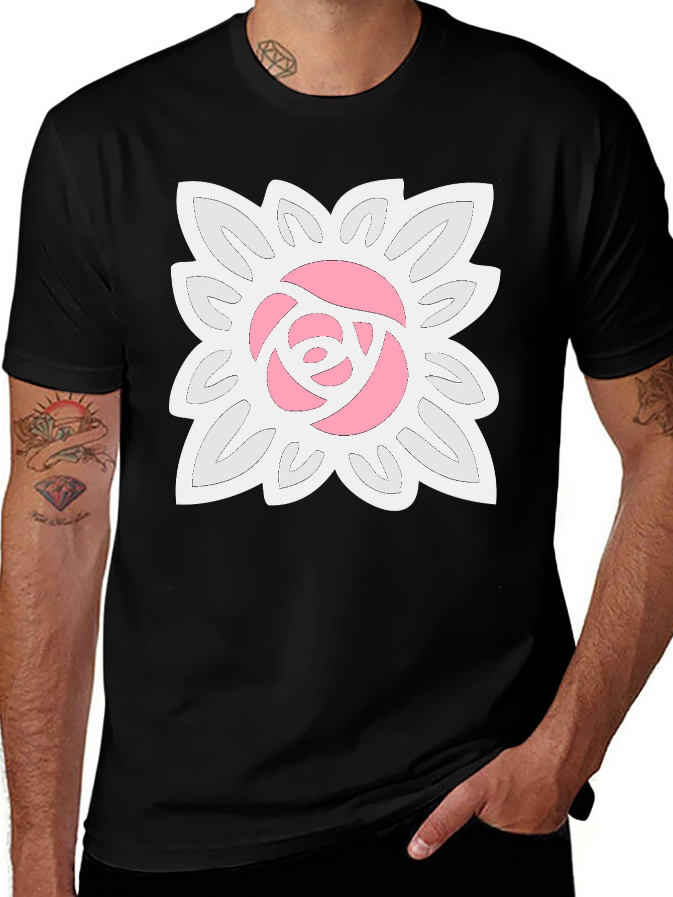 Black T-Shirt with Floral Rose Design