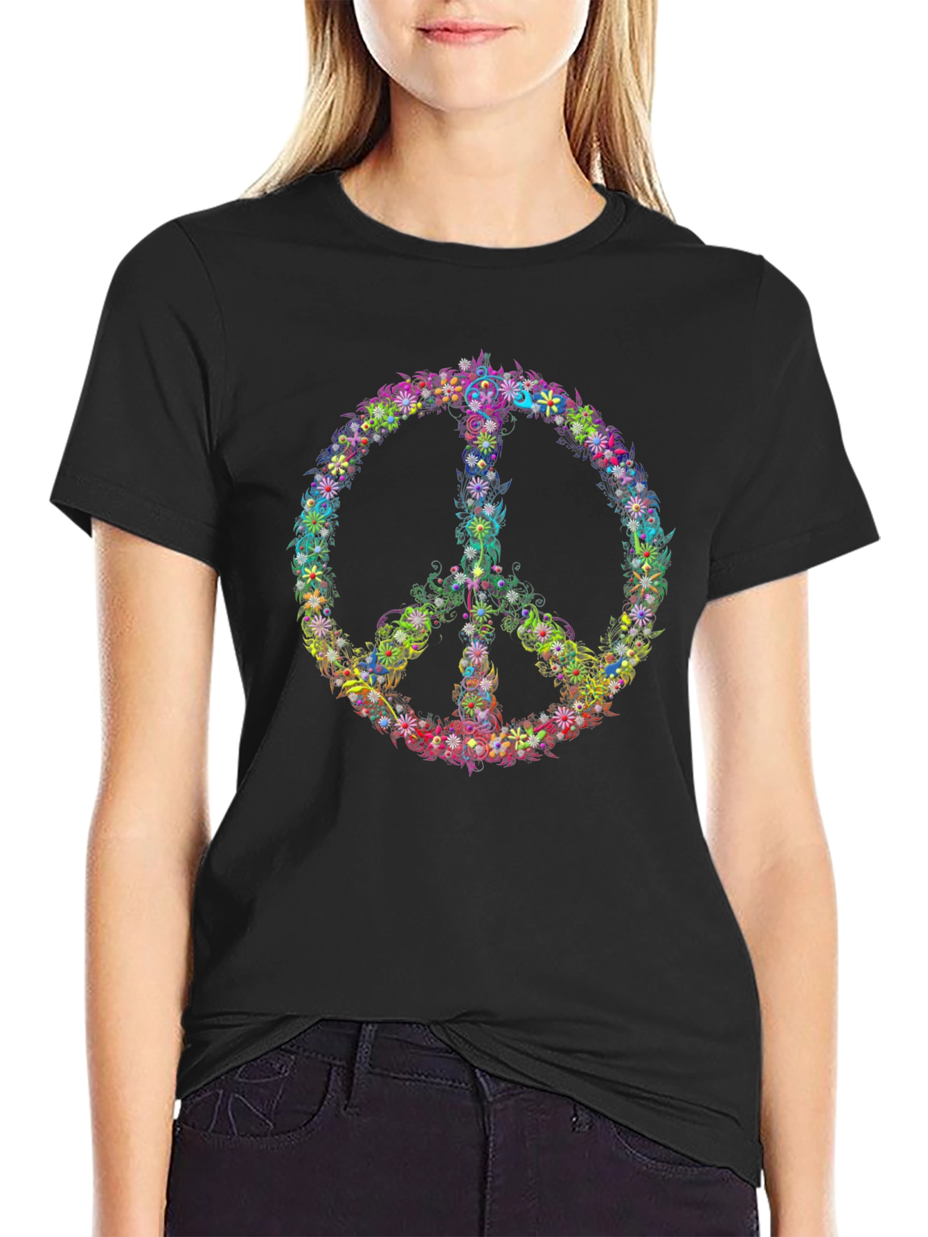 Floral Peace Sign T-Shirt - Black