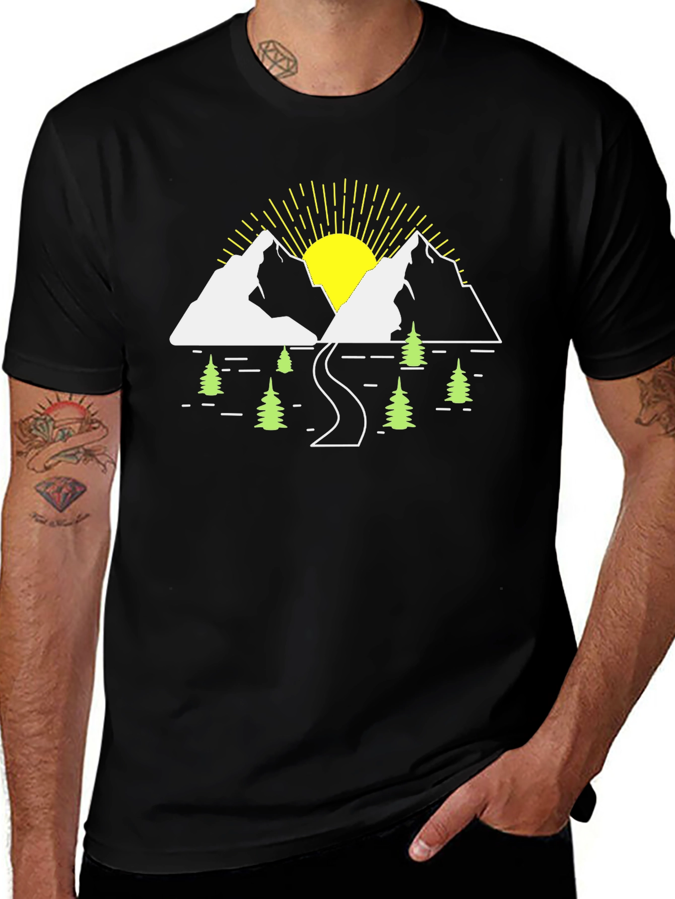 Mountain Scene Graphic Tee - Black Cotton T-Shirt